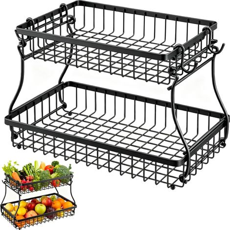 1 Corbeille à fruits, Métal, 2 étages, Noir, Avec crochets, Cuisine, Salle de bain