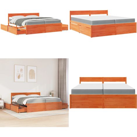Lit avec tiroirs/matelas cire marron 200x200 cm bois massif pin - Lit Double - Lit Coffre - Meuble Chambre - Sommier Tapissier - Meubles Bois - Home & Living