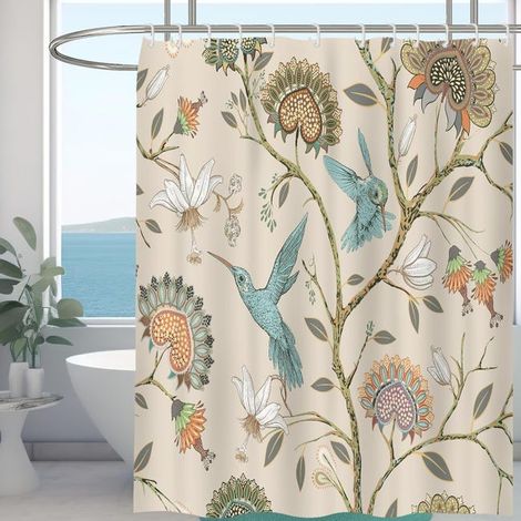 Green Mobility-Rideau de douche résistant à la moisissure pour pièce humide, 100 % polyester, imperméable, avec 12 crochets, 180 x 180 cm (oiseau à fleurs blanches) (1/5)