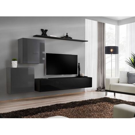 Ensemble mural - Switch V - 1 vitrine carrée - 1 banc TV - 1 étagère - Noir et graphite - Modèle 1 - Livraison gratuite