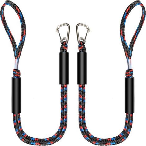 Lot de 2 cordes d'amarrage extensibles 1,2 à 1,7 m, amarres pour bateaux avec crochets, accessoires pour quai, kayaks, jet-skis, pontons et canoës, bleu, noir et rouge (1/5)