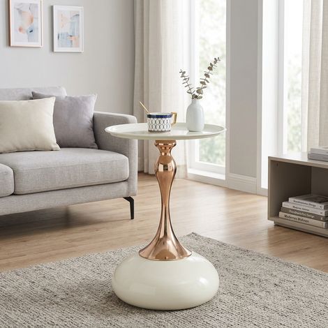 Table d’appoint ronde 38x38x54 cm en métal blanc et doré, gain de place pour salon FloraGrace (1/5)