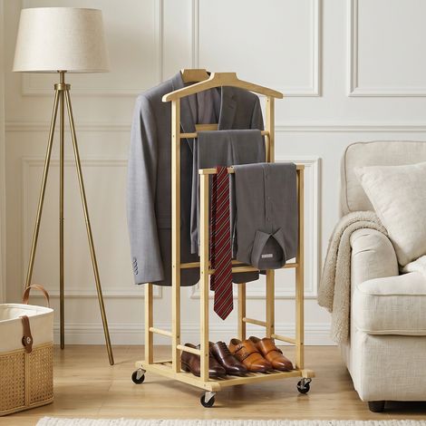 Valet chambre roulettes portant bambou cintres, barres suspension plateau étagère chêne, élégant (1/5)
