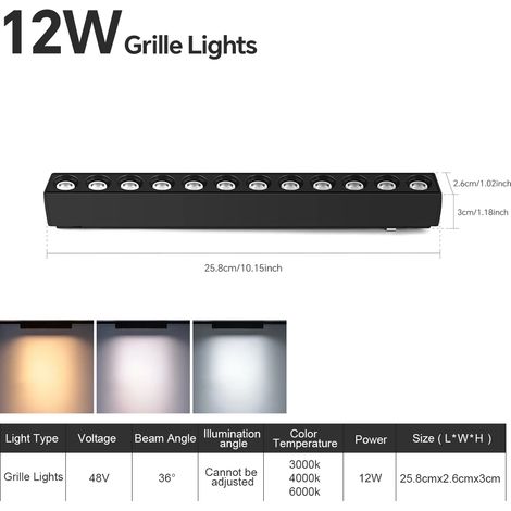 (Éclairage à grille 12 W) Spot LED sur rail magnétique à montage en surface, luminaire décoratif moderne pour salon.