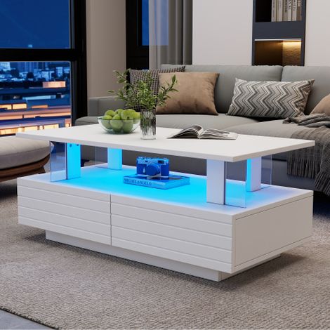 Table basse blanche, table basse rectangulaire 2 couche avec 2 tiroirs, LED contrôlée par application mobile, panneau acrylique, pour bureau, salon (1/5)