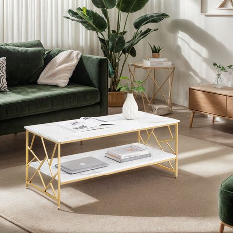 Rechteckiger Couchtisch, Weiße Marmoroptik, mit Stauraum, Goldfarbene Metallfüße, Wohnzimmer