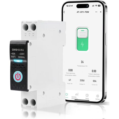 Disjoncteur Intelligent WiFi Smart Disjoncteur APP Contrôle à Distance Commutateur de Commande vocale Minuterie Comptage d'électricité 63A 230VAC (GWS10-WJ Édition avec mesure) (1/5)