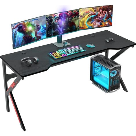 Soges – Bureau gaming 160cm – MDF avec texture fibre de carbone – Cadre en acier – Support casque et rangement câbles – Tapis de souris inclus