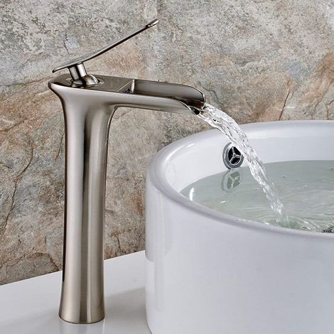 Robinet de Lavabo Cascade Moderne à Une Seule Poignée, Contrôle Température/Débit, Finition Nickel Brossé Résistant aux Traces de Doigts, Robinetterie pour Salle de Bain