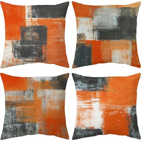 Housses de coussin décoratives orange brûlé et gris souris, motif peinture abstraite, lot de 4 taies d'oreiller 45 x 45 cm pour canapé, chambre, salon (1/5)