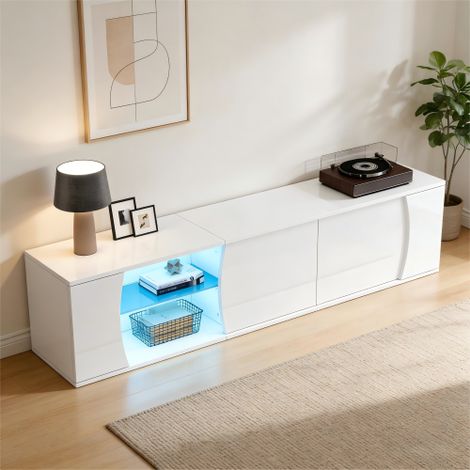 Meuble TV / Banc TV (modèle à 3 portes) doté de portes en verre trempé  un meuble multimédia de haute qualité (incluant un éclairage LED) équipé d'un support TV autoportant, adapté aux téléviseurs all