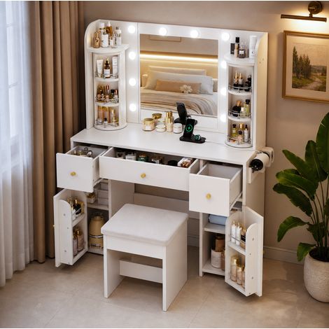 Coiffeuse blanche avec miroir LED réglable, USB-C, range-bijoux pivotant et 3 tiroirs, 115x40x142 cm (1/5)