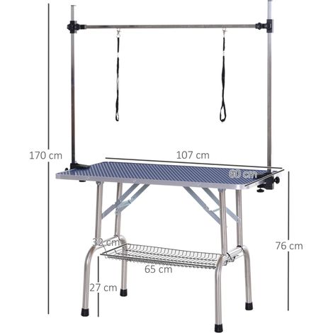Table de toilettage chien bleue avec panier, table de soins animaux robuste, plan de tonte pour chiens et chats jusqu'à 100 kg, espace de travail pratique (1/5)