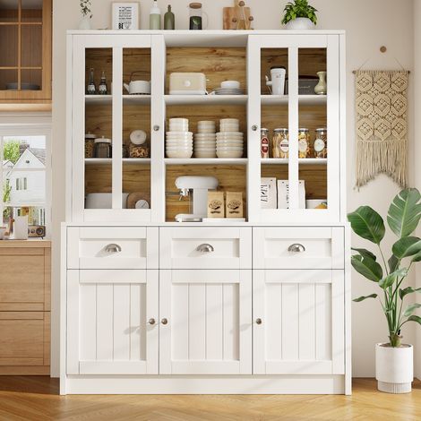 Armoire de salon blanche 140x38,5x175 cm vitrine avec tiroirs design minimaliste séjour (1/5)