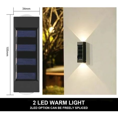 (2 LED blanc chaud) Applique murale solaire extérieure 12 LED étanche pour jardin, cour, balustrade, lampe d'ambiance décorative, lampe solaire à éclairage indirect (1/5)