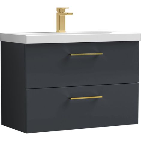 Balterley 800mm Wall Hung Bathroom 2 Drawer Vanity Unit and 1 Tap Hole Ceramic Basin, Satin Dark Grey with Brushed Brass Handles