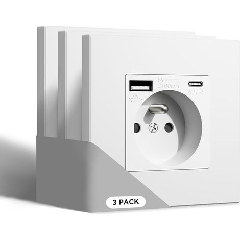 Prise Murale avec USB et 1 Type C,16A Prises de Courant Alternatif avec Panneau en Plastique,Convient au Smartphone,à la Tablette (1 Prise avec USB et Type C,Blanc)-3 Paquests (1/5)