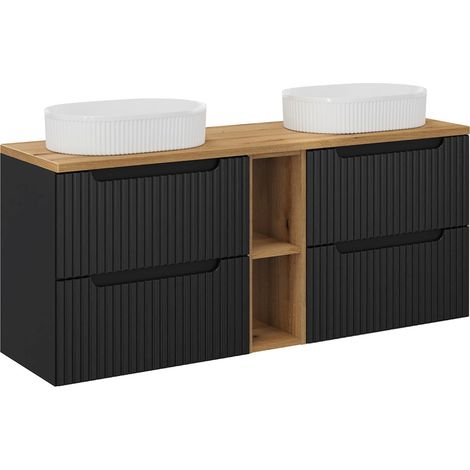 Meuble double vasque 140cm 4 tiroirs 2 niches Riva Noir et Bois (1/5)