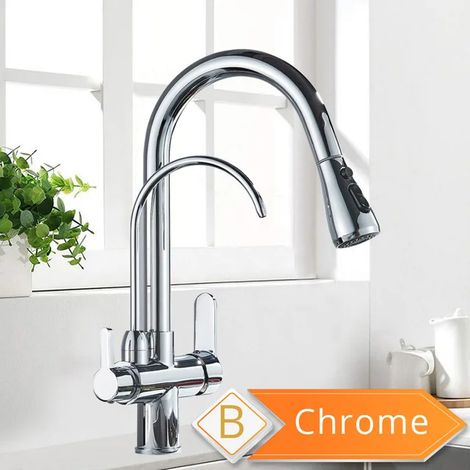 Robinet de cuisine filtrant l'eau (Chrome B) 2 en 1, douchette extractible en laiton antique, système de purification d'eau Crane, mitigeur pivotant 2 voies. (1/5)