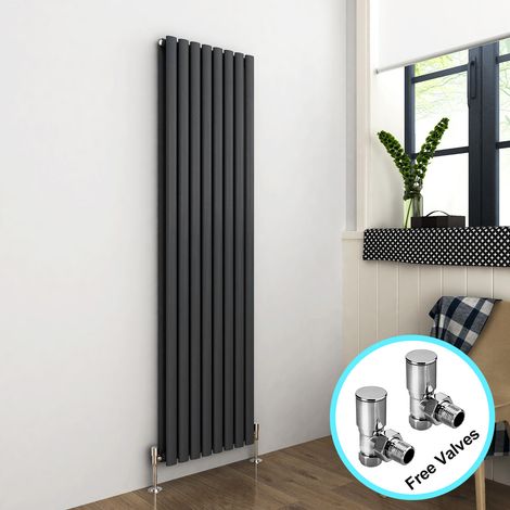 ELEGANT 1800 x 480 mm Anthracite Modern Tall Bar Radiator Double Oval Panel Designer Bathroom Radiator + Angled Radiator Valves Valves (1/5)