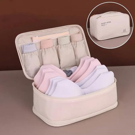 Organiseur de sous-vêtements de voyage – Sac double couche avec fermeture éclair – Rangement pour soutiens-gorge et chaussettes – Pour valise et vacances – Beige (1/5)