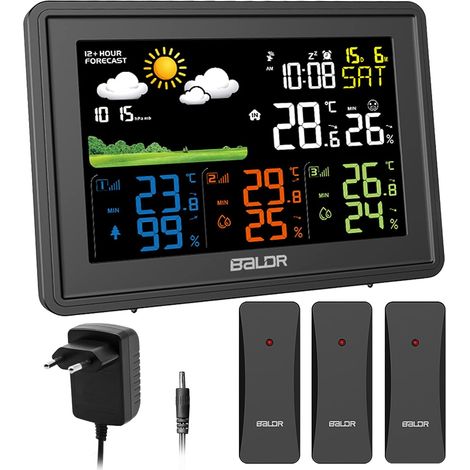 Station météo radio avec capteur extérieur, température intérieure/extérieure, humidité, baromètre, écran couleur, prévisions (1/5)