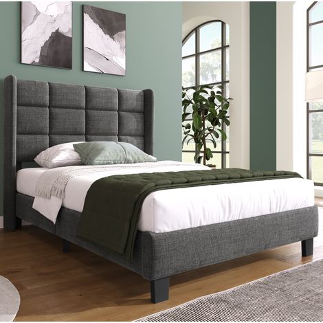 Lit simple rembourré en lin gris 90x200 cm avec tête de lit haute et sommier à lattes inclus (1/5)