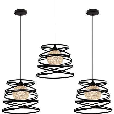 3 Pack Suspension Luminaire Fer Abat-jour Forme de Ressort 30cm Plafonnier Lustre E27 40W Noir (1/5)