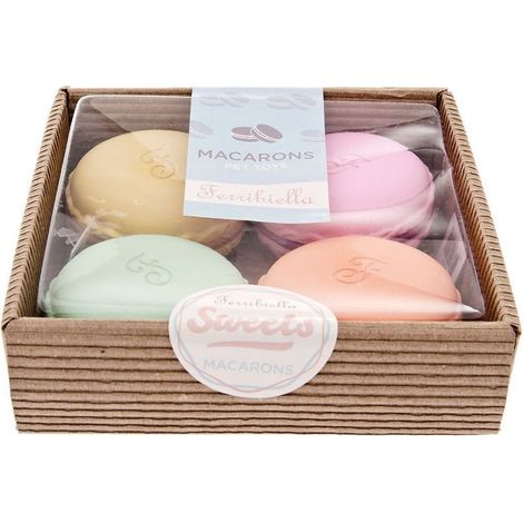 Coffret de macarons en latex spécialement conçus pour les chiens, avec fonction sonore, présenté dans un coffret cadeau.