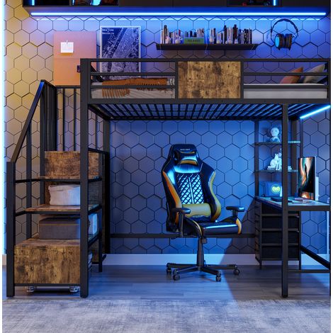 Lit mezzanine moderne 140x200 cm métal noir avec bureau, étagères, penderie, LED et prise
