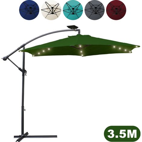 SWANEW Ombrellone con LED 350 cm verde - manovella - protezione UV idrorepellente pieghevole - ombrellone a sbalzo parasole (1/5)