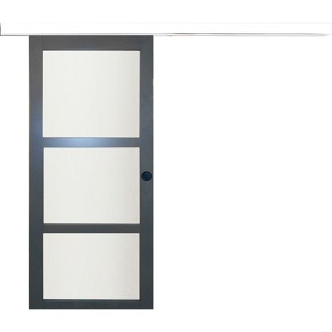 Porta scorrevole Blakeria con vetrata grigia antracite H204 x L73 cm, binario in alluminio con fascia bianca, conchiglie nere GD MENUISERIES