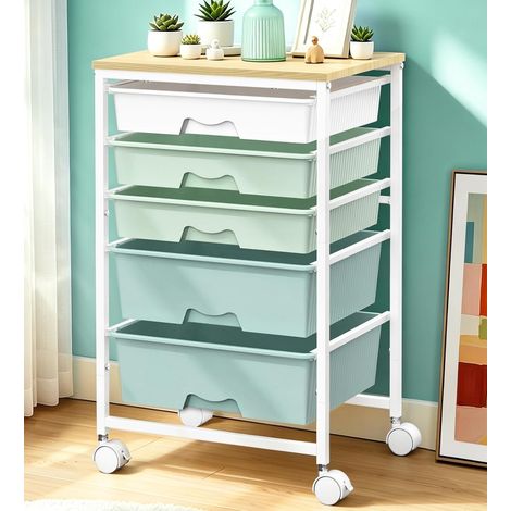 Chariot à roulettes avec 5 grands tiroirs et roulettes verrouillables Chariot de rangement utilitaire pour cuisine, salle de bain, école, bureau, beauté, chambre à coucher, vert dégradé (1/5)