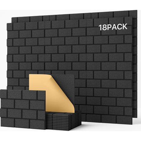 Lot de 18 panneaux acoustiques autocollants muraux rectangulaires - Type de brique - Pour traitement acoustique et décoration murale - 30 x 40 x 0,9 cm - Noir (1/5)