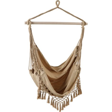 Sillón Colgante Beige con Barra de Madera y Flecos Java Estilo Bo (1/4)