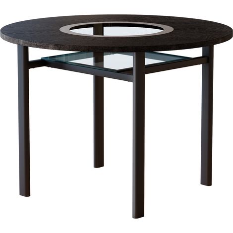 Table à manger ronde 100 cm avec plateau MDF noir et insert en verre gris, structure métal noir (1/5)
