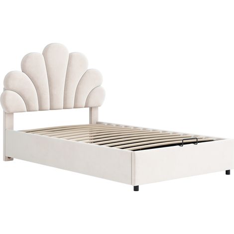 Cama infantil tapizada 90 x 200 cm, cabecero floral, almacenaje hidráulico, terciopelo beige (1/5)