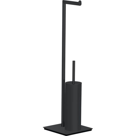 Stand WC-Porte brosse WENKO Recco Noir avec porte brosse 20 x 71,5 cm en acier design avec support brosse WC porte papier toilette sur pied brosse WC sur pied ensemble WC brosse toilettes noire élégan (1/5)