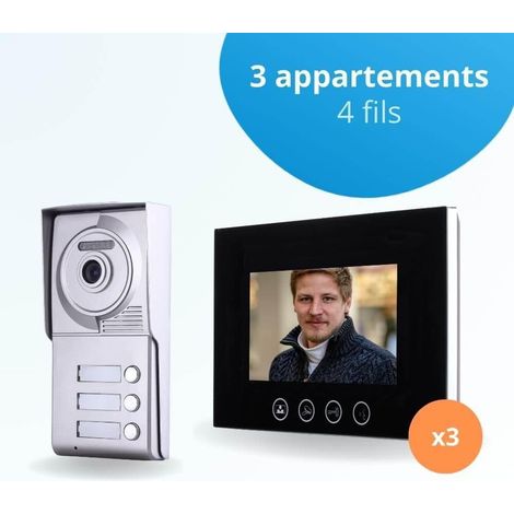 Portier interphone vidéo CLASSIC 4 Fils - 3 appartements - 3 écrans noirs 7" - avec mémoire photos