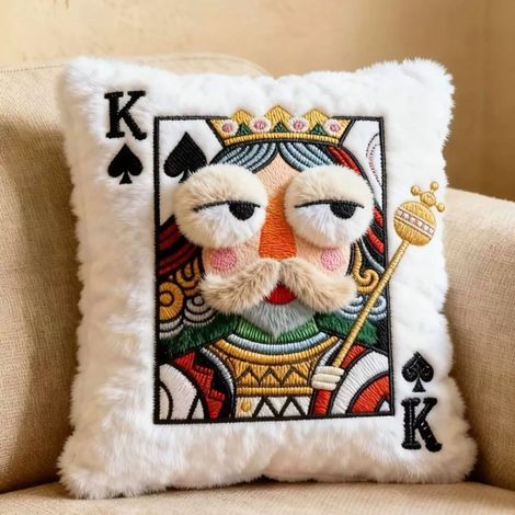 Ce coussin décoratif en peluche représentant le Roi de Pique est orné de motifs de cartes à jouer brodés, ce qui en fait un élément de décoration parfait pour la maison.