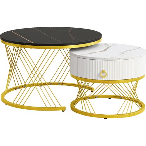 Tavolino da caffè componibile 2 pezzi effetto marmo bianco e oro con cassetto (1/5)