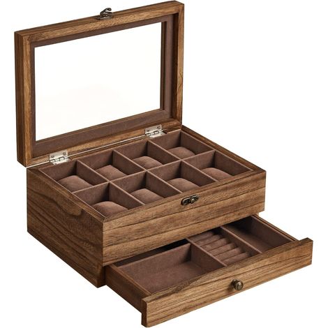 Songmics – Boîte à montres 8 places JOW008K01 – Coffre en bois massif avec vitre en verre – Dimensions 27x20x13 cm – Idée cadeau originale (1/5)
