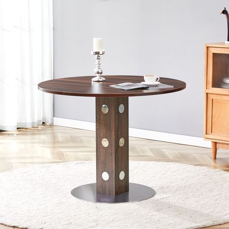 Table à manger ronde moderne Ø100 cm,piédestal bois et miroir,base noyer et métal. Pour 2 à 4 personnes,idéale pour petites pièces. (1/5)