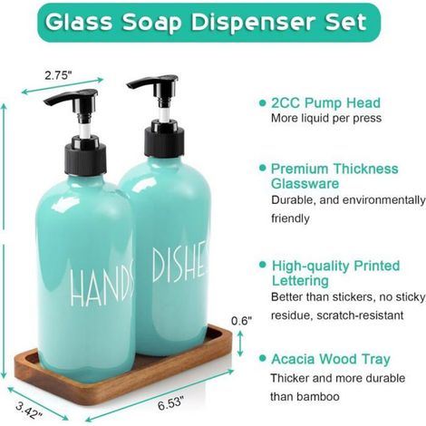 Set Distributeur Savon Cuisine en Verre 2 x 473 ml, Pompe Rechargeable, Plateau en Bois d'Acacia Turquoise (1/4)