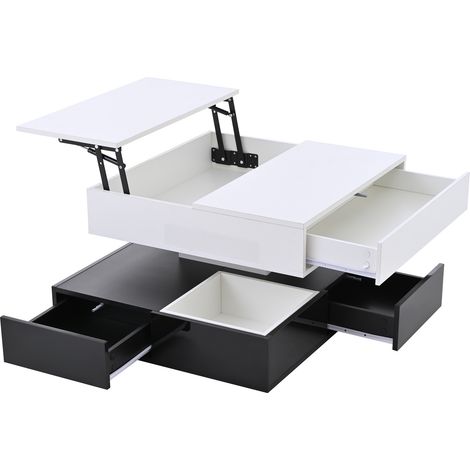 Table basse carrée 70x70 cm avec plateau rotatif 360°, 3 tiroirs, finition laquée noir et blanc (1/5)