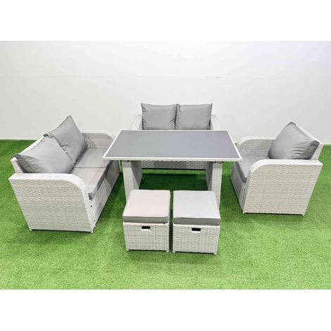 Fimous Rattan Sofa Outdoor Furniture with Dining Table,Love Sofa,2 Small Stools Patio Furniture Light Grey 7 Seater (1/4)