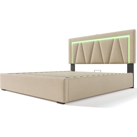 Polster-Doppelbett LED 140x200 mit USB-C und Stauraum, Beige, mit Matratze (1/5)