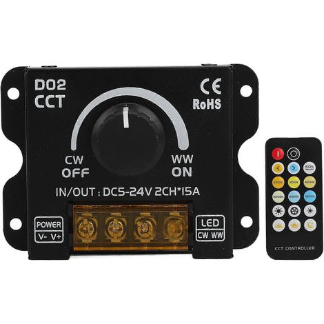 Variateur LED 2 canaux avec encodeur 360°, bouton de réglage de la température de couleur et télécommande pour ruban LED, 5-24 V CC (1/5)