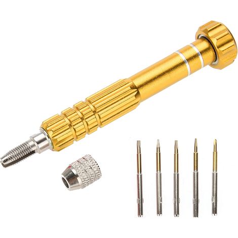 Manche de tournevis avec 5 embouts de précision, kit d'outils de réparation pour téléphones, lunettes et montres (doré)