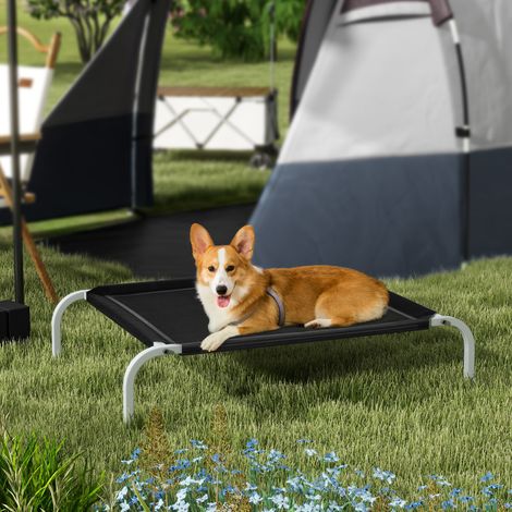 Lit surélevé pour chien avec assise respirante. En métal et tissu. 90 x 65 x 20 cm. Noir et argent.
